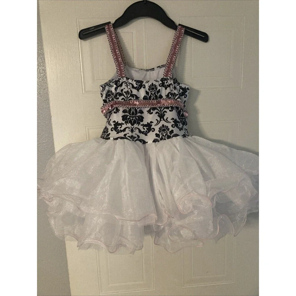 Size L Dance Recital Costume Dress Up Ballerina White Black W/ Gloves Choker Hai